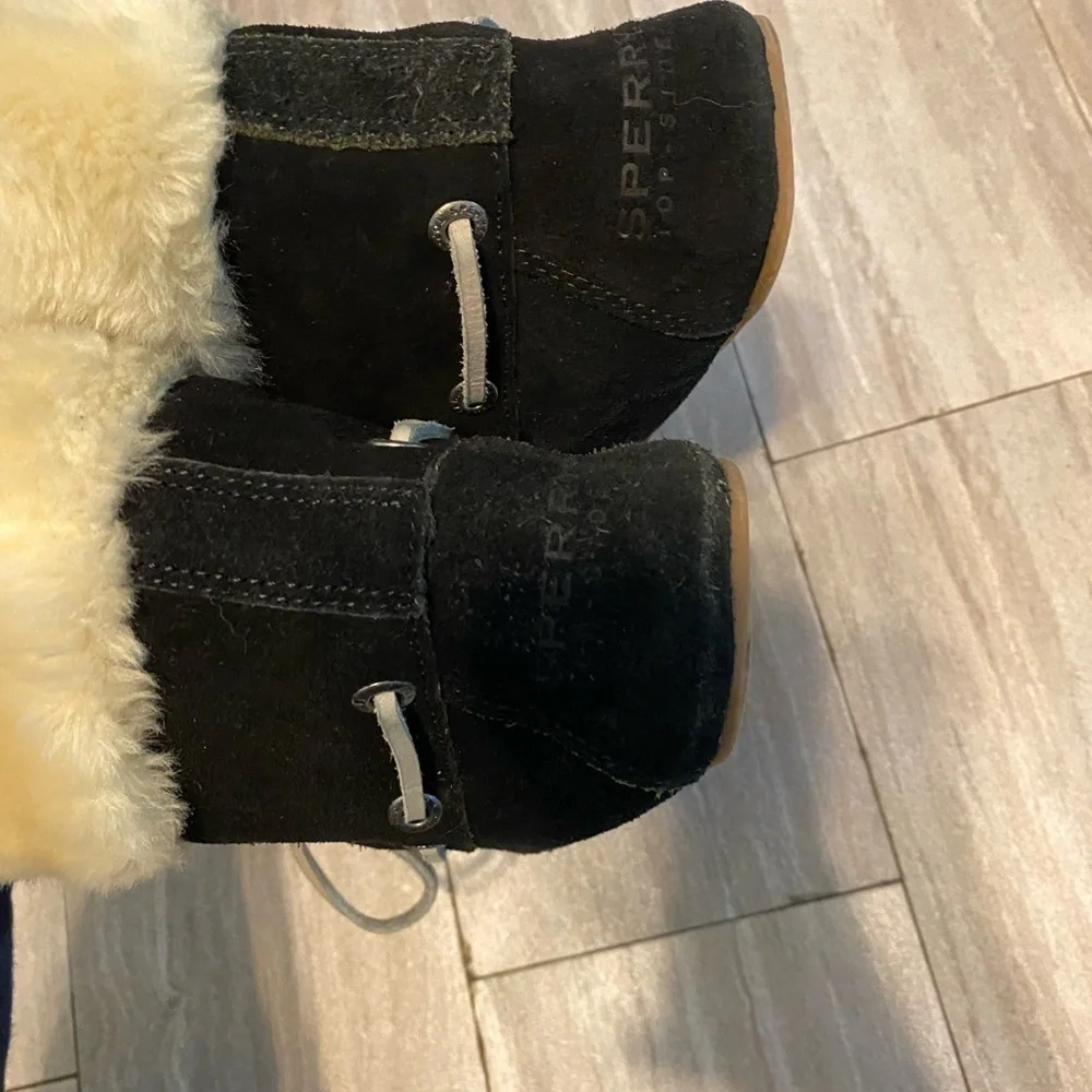 Sperry Top Sider Women Suede Moccasin Boots Black Faux Fur Booties Size 7